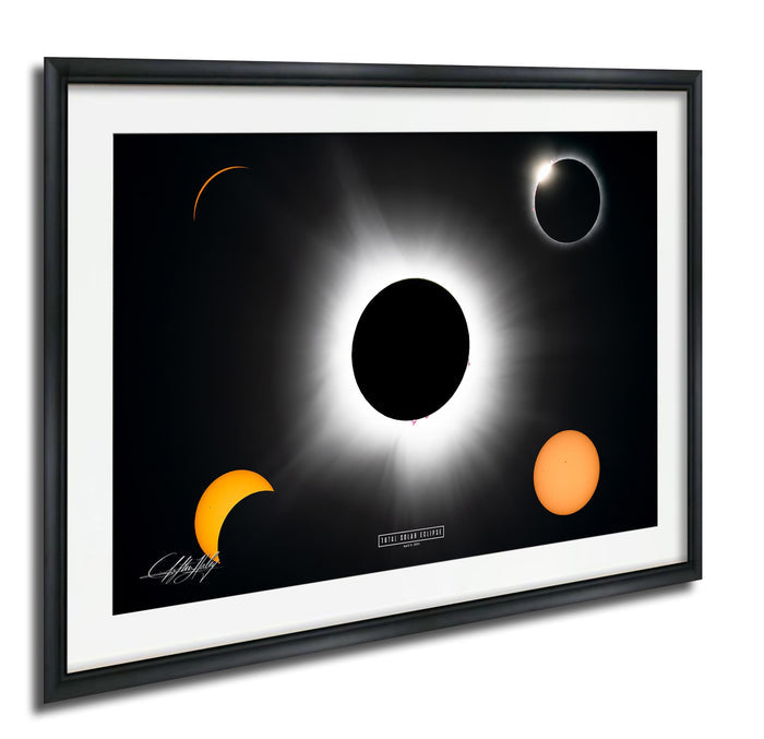 The image is a framed poster depicting a solar eclipse, with the moon partially obscuring the sun and the sun partially obscuring the moon.
