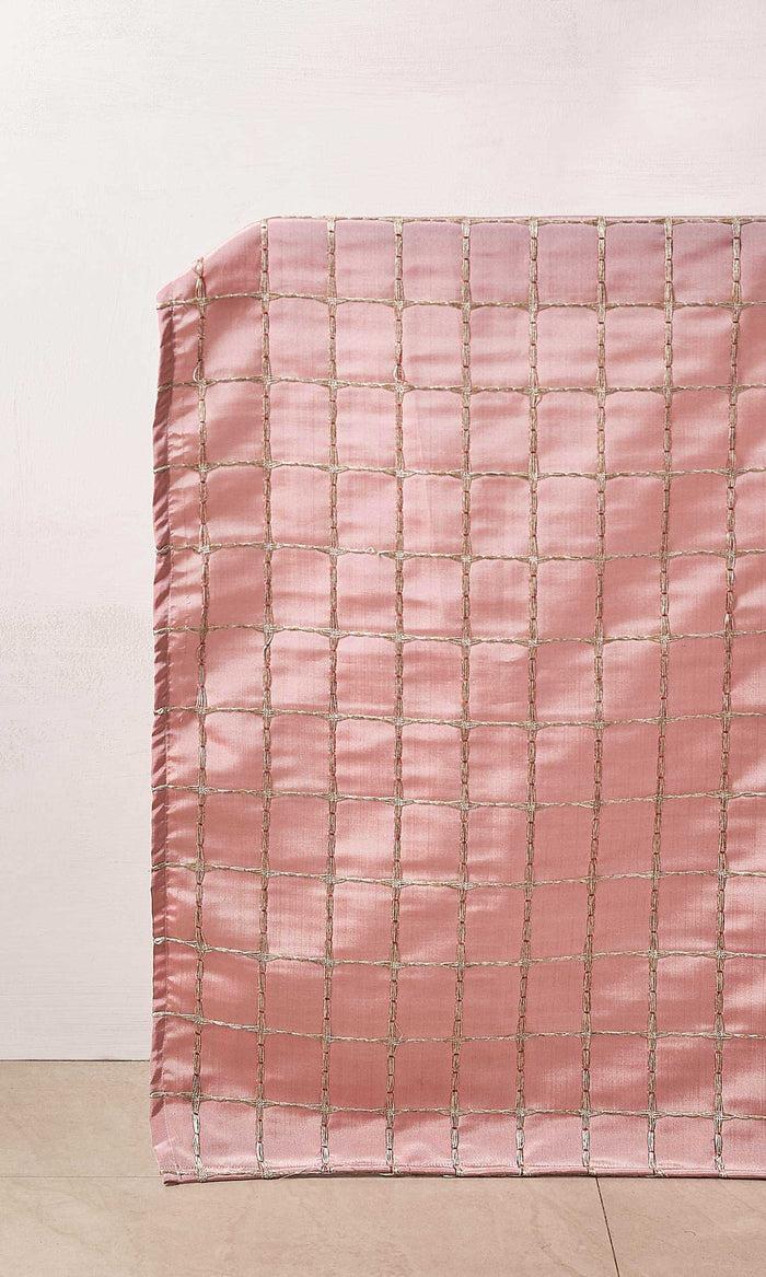 Embroidered Check Drapes for Living, Bedroom, Kitchen, Bathroom (Coral Pink and Gold)
