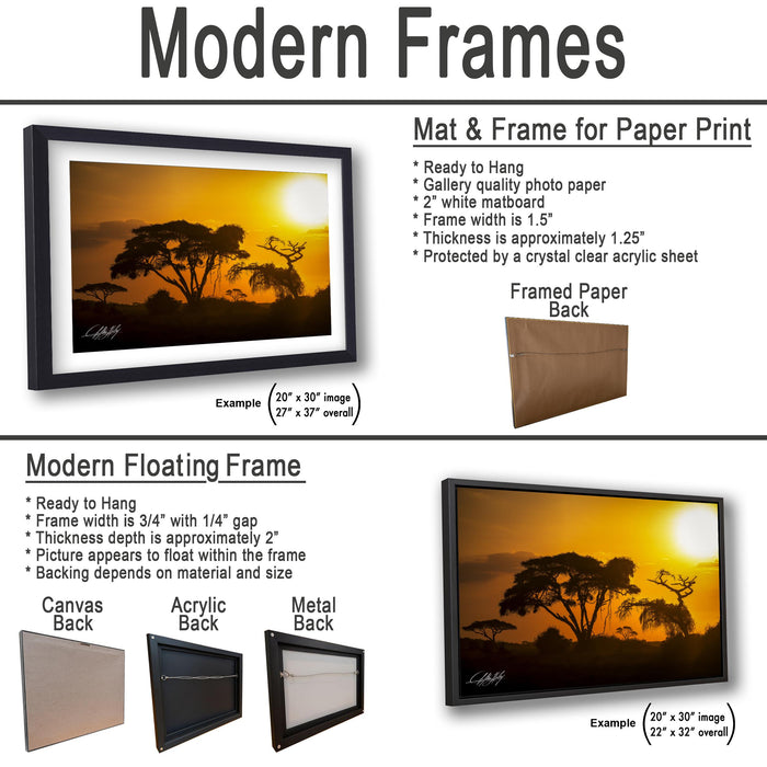 The image is a collage of three framed artworks, each with a different frame and backing material. The first frame is a mat and frame for a paper print, the second frame is a modern floating frame, and the third frame is a mat and frame for a printed back.