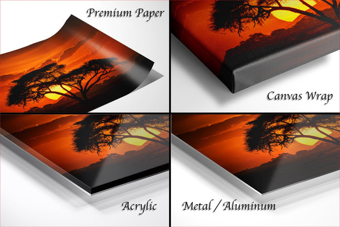 The image is a collage of four different images depicting a sunset landscape, with each image labeled with the type of material it is printed on: "Premium Paper", "Canvas Wrap", "Acrylic", and "Metal/Aluminum".