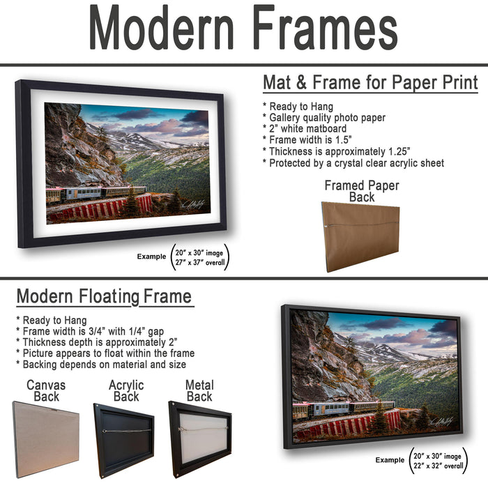 The image is a collage of two framed pictures, one of a mountain landscape and the other of a train on a track. The collage features a variety of frame sizes and materials, including a mat and frame for paper print, a modern floating frame, and a framed paper back.