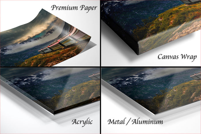 The image is a collage of four different views of a landscape, including a premium paper print, a canvas wrap, an acrylic print, and a metal/aluminum print.