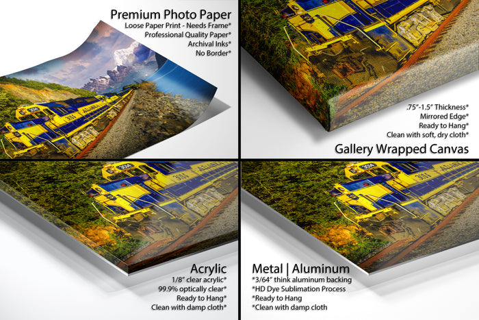 The image is a collage of four different printed materials, including a premium photo paper, a loose paper print, a gallery-wrapped canvas, and an acrylic print. Each material has a distinct appearance and quality, with the premium photo paper being clear and professionally printed, the loose paper print being a more rustic and handmade look, the gallery-wrapped canvas being a smooth and clean finish, and the acrylic print being a clear and ready-to-hang material.
