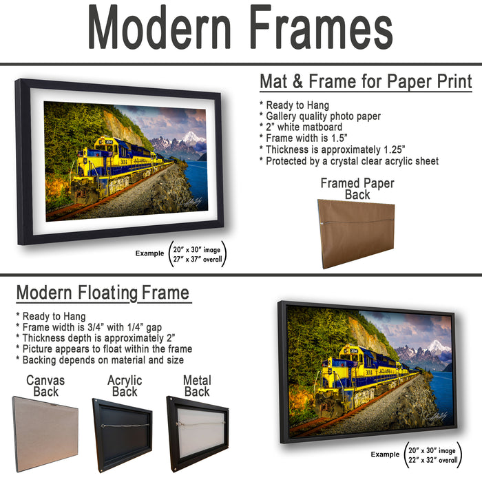 The image is a collage of two framed pictures, one of a train and the other of a mountain landscape. The framed pictures are described as modern floating frames, which means they have a frame that floats on the surface and does not require nails or screws to hang. The frames are available in different sizes and materials, such as acrylic and metal backings.