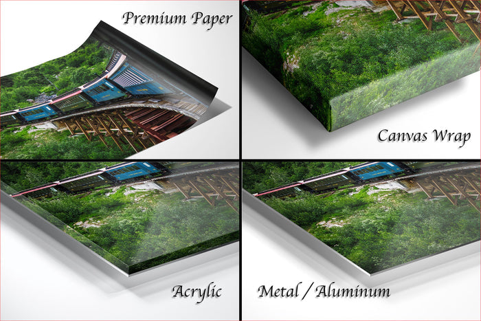The image is a collage of four different images, each depicting a train on a track surrounded by greenery. The images are labeled as "Premium Paper", "Canvas Wrap", "Acrylic", and "Metal/Aluminum".