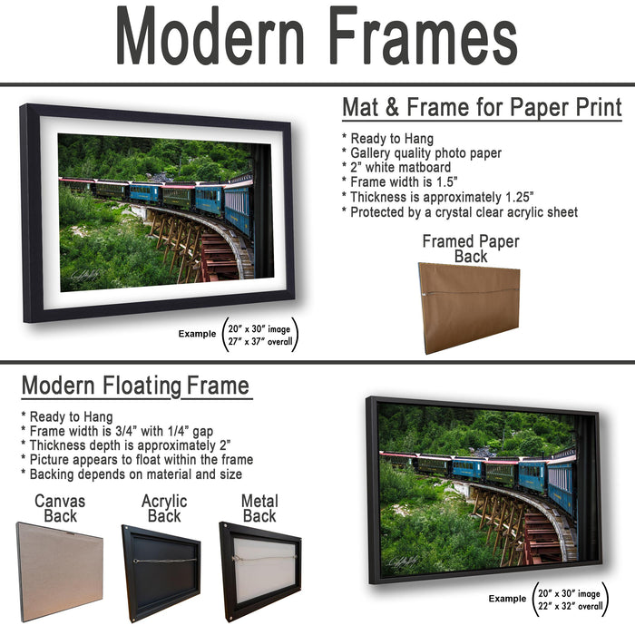 The image is a comparison of modern frames and floating frames for displaying photographs. It includes two framed paper backings and two modern floating frame backs, each with different frame sizes and materials.