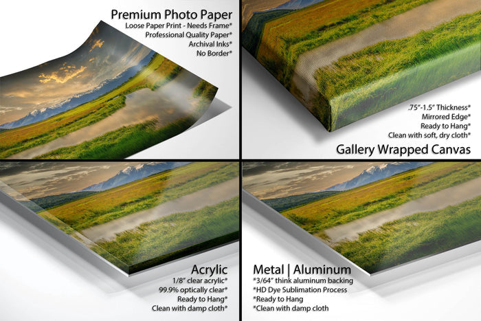 The image is a collage of four different images, each depicting a landscape scene. The images are labeled as "Premium Photo Paper Loose Paper Print" and "Gallery Wrapped Canvas".