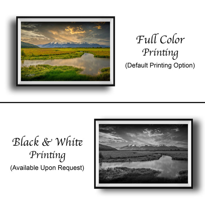 The image is a collage of two framed landscape photographs. The top photograph is a full color print, while the bottom photograph is a black and white print. Both images depict a serene landscape with a river and mountains in the background. The top photograph is labeled "Full Color Printing" and the bottom photograph is labeled "Black & White Printing" and "Available Upon Request".