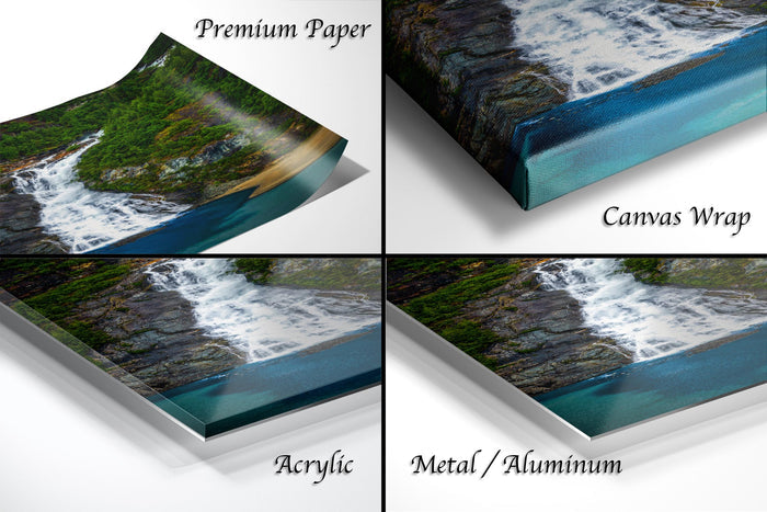 The image is a collage of four different views of a waterfall, each with a distinct perspective and framing. The images are labeled as "Premium Paper", "Canvas Wrap", "Acrylic", and "Metal/Aluminum".