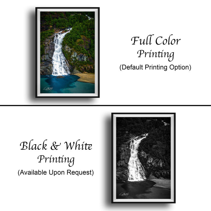The image is a collage of two framed pictures. The top picture is a full color print of a waterfall surrounded by lush greenery, while the bottom picture is a black and white print of the same waterfall. Both pictures are framed and available upon request.