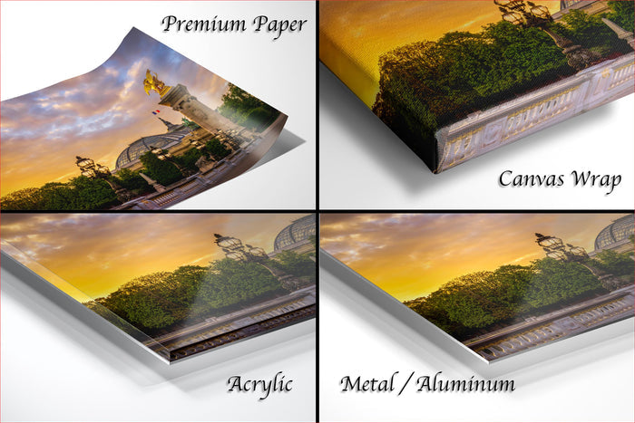 The image is a collage of four photos depicting a sunset over a cityscape, with the top left photo showing a piece of paper, the top right photo showing a canvas wrap, the bottom left photo showing an acrylic print, and the bottom right photo showing a metal or aluminum print.