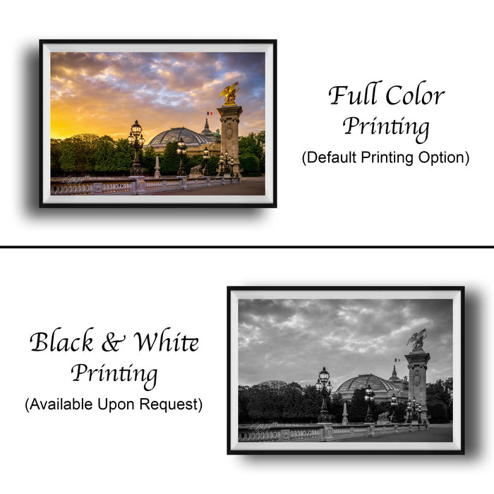 The image is a collage of two framed pictures. The top picture is a full color print of a cityscape with a statue, while the bottom picture is a black and white print of the same cityscape. Both pictures are framed and available upon request.