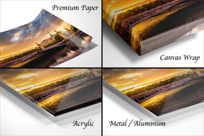 The image is a collage of four different views of a sunset over a bridge, with each view presented in a different medium: premium paper, canvas wrap, acrylic, and metal/aluminum.