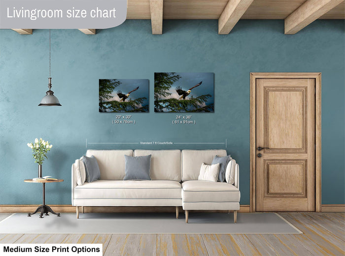 a living room with a white sofa, a wooden door, and a painting of a bird in flight on the wall. The living room appears to be well-lit and decorated with various elements, such as a potted plant and a vase.