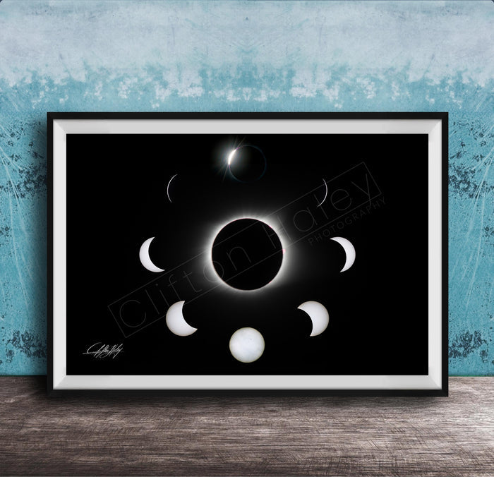 The image is a framed poster depicting the solar eclipse, showing the moon's phases around the sun.