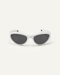 Face shot of Bonnie Clyde Angel sunglasses in silver with black lenses.