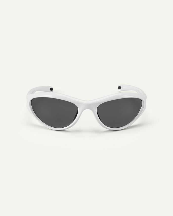Face shot of Bonnie Clyde Angel sunglasses in silver with black lenses.