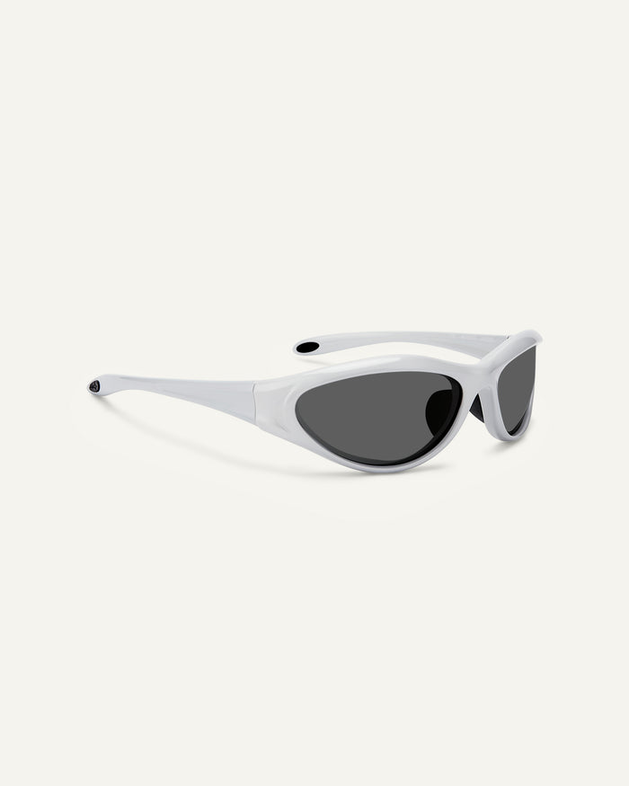 Side shot of Bonnie Clyde Angel sunglasses in silver with black lenses.