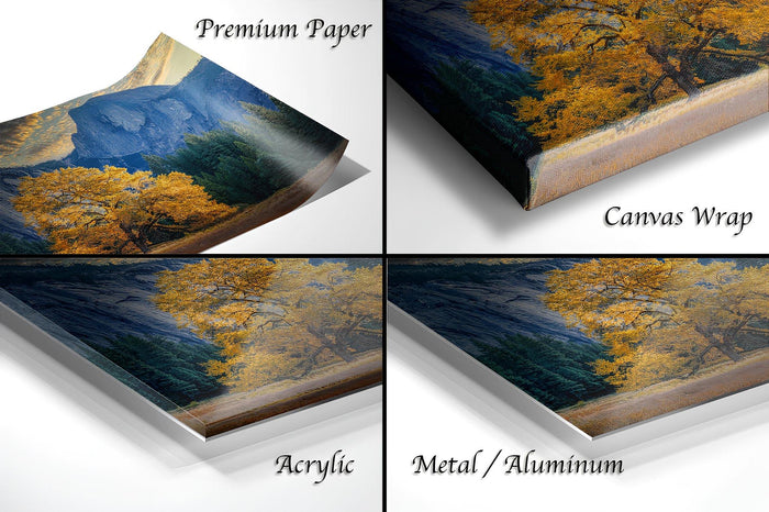 The image is a collage of four different views of a landscape painting, showcasing the artwork in various materials such as premium paper, canvas wrap, acrylic, and metal/aluminum.