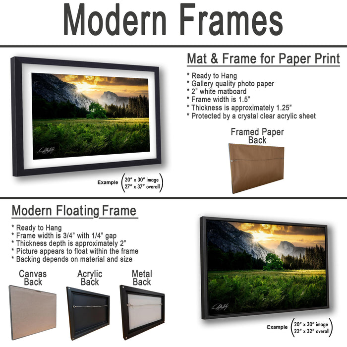 The image is a collage of three framed pictures, each with different frame types and backings. The first frame is a mat and frame for a paper print, the second frame is a modern floating frame, and the third frame is a mat and frame for a paper print.