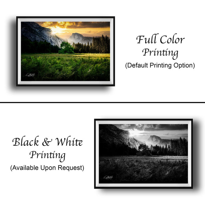 The image is a collage of two framed landscape photographs. The top photograph is a full color print, while the bottom photograph is a black and white print. Both images depict a scenic landscape with mountains and a field. The top photograph is labeled "Full Color Printing" and the bottom photograph is labeled "Black & White Printing" and "Available Upon Request".