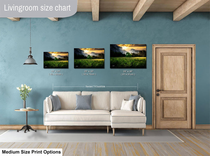 a living room with a white sofa and a wooden door. Above the sofa, there is a livingroom size chart that provides the dimensions of three landscape paintings in inches.