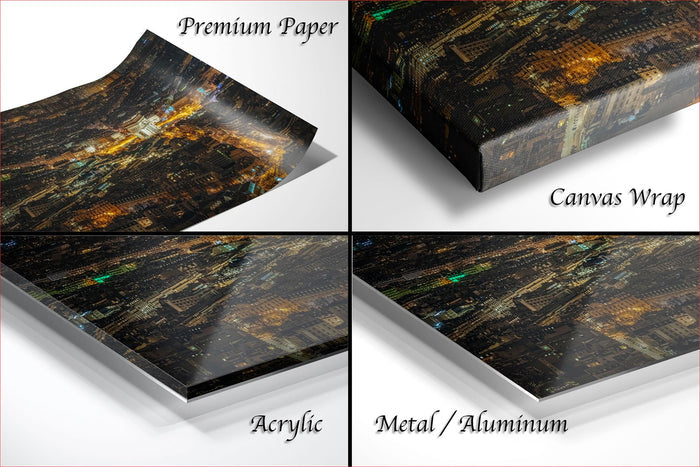 The image is a collage of four different views of a cityscape at night, showcasing various materials such as paper, canvas wrap, acrylic, and metal/aluminum.