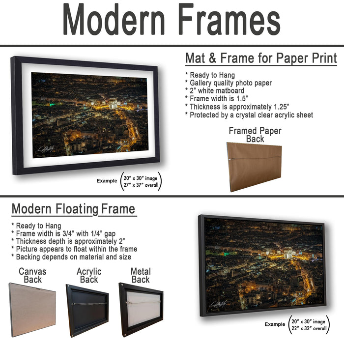 The image is a collage of various framed artworks, including a mat and frame for a paper print, a modern floating frame, and a framed paper back. The artworks are displayed in different sizes and frame types, showcasing the versatility of framed artworks.