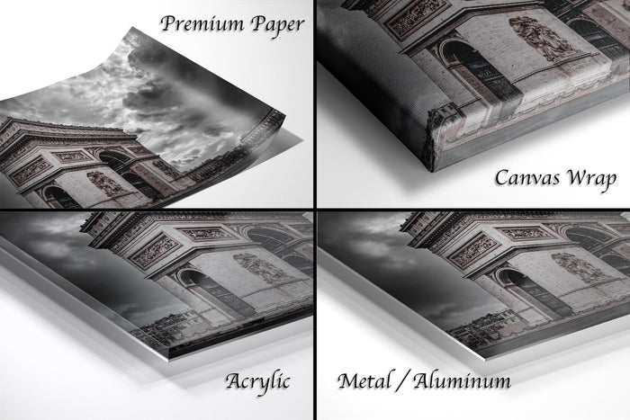 The image is a collage of four photographs depicting the Arc de Triomphe in Paris, France. The photographs are labeled as "Premium Paper", "Canvas Wrap", "Acrylic", and "Metal/Aluminum" to describe the materials used for the prints.