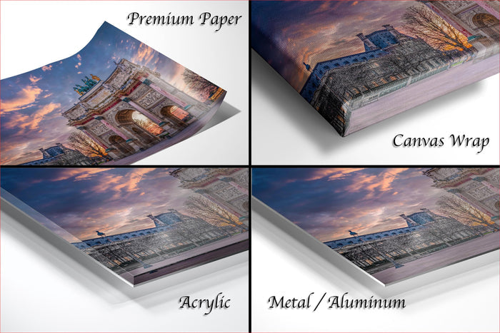 The image is a collage of four photos depicting a sunset over a cityscape, with the text "Premium Paper", "Canvas Wrap", "Acrylic", and "Metal/Aluminum" indicating the materials used for the prints.