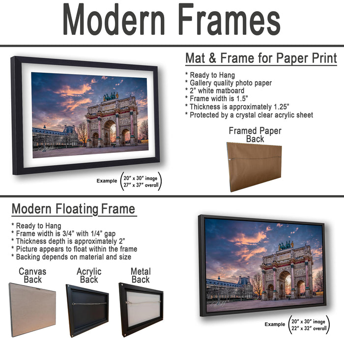 The image is a collage of two framed pictures, one of a modern floating frame and the other of a mat and frame for paper print. The collage features a variety of frames and mat and frame options, including different sizes and materials.