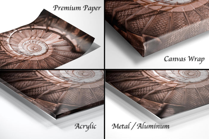 The image is a collage of four different views of a spiral staircase, each with a different material or finish, including acrylic, metal, and aluminum.