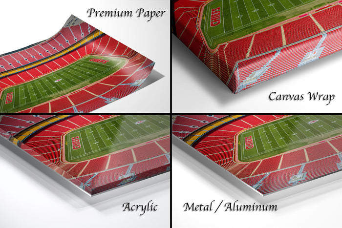 The image is a collage of four different views of a football stadium, each showing a different perspective of the field and seating areas.
