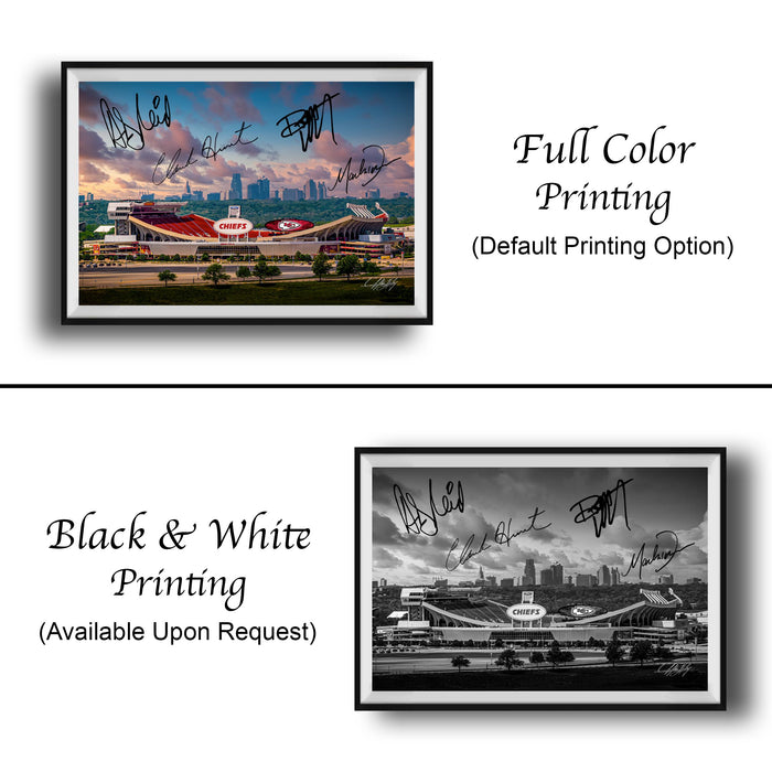 two framed pictures. The left frame is a full-color print of a stadium, while the right frame is a black and white print of the same stadium. Both frames have signatures on them, indicating that they are autographed prints.