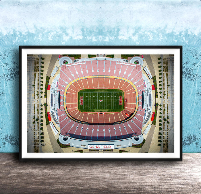 The image is an aerial view of a football stadium, specifically GEHA Field, with a focus on the field and surrounding infrastructure.
