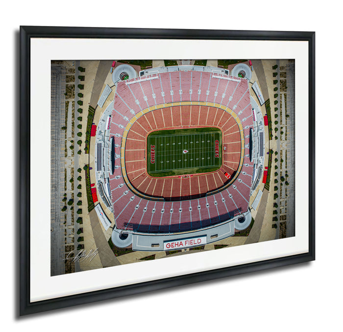 The image is an aerial view of a football stadium, specifically Gera Field, with a focus on the field and surrounding infrastructure.