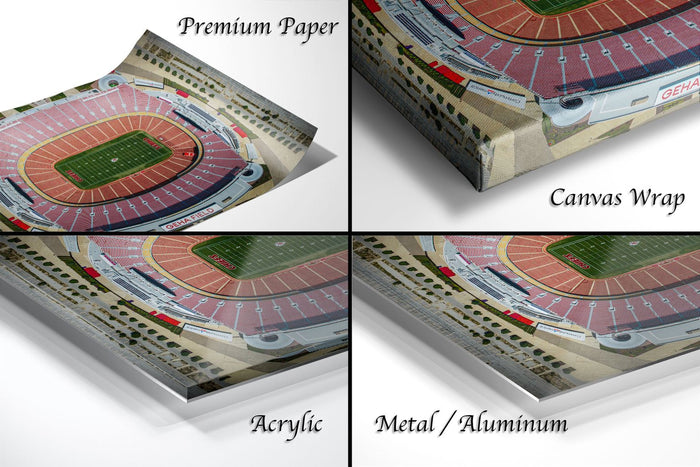 The image is a collage of four different views of a football stadium, including a close-up of the field, a top-down view of the stadium, a side view, and a bottom-up view.