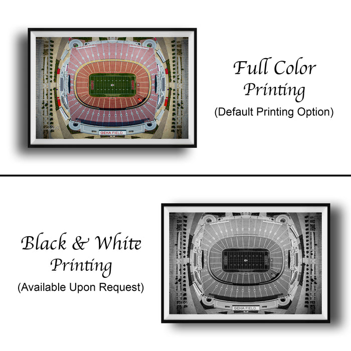 two framed pictures of a football stadium. The left picture is a full color print, while the right picture is a black and white print. Both pictures are labeled as "Full Color Printing" and "Black & White Printing" respectively. The text indicates that these are available upon request.
