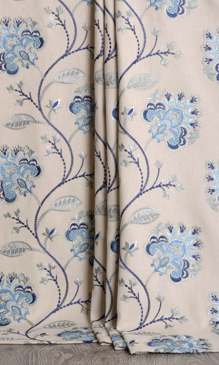 Floral Embroidered Cotton Drapes (Beige/ Blue)