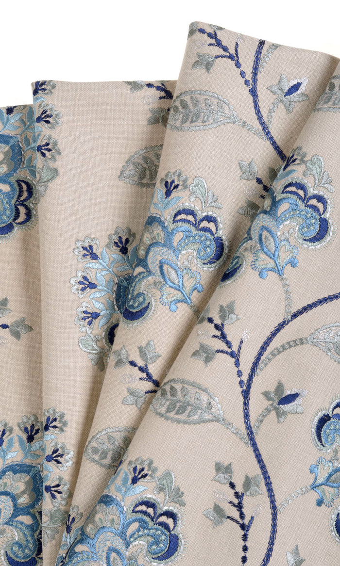 Floral Embroidered Cotton Pinch Pleat, Rod Pocket, Eyelet Curtains (Beige/ Blue)