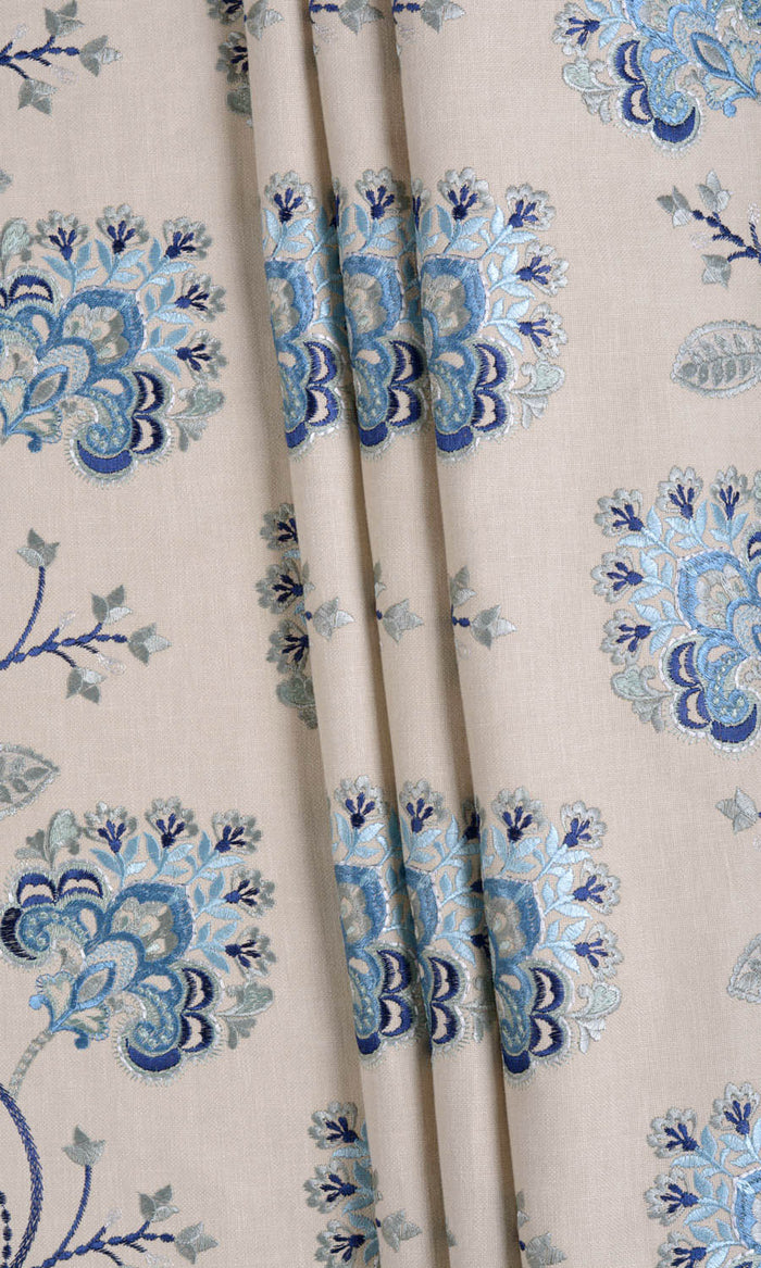 Floral Embroidered Cotton Drapes (Beige/ Blue) Extra Long Short Wide
