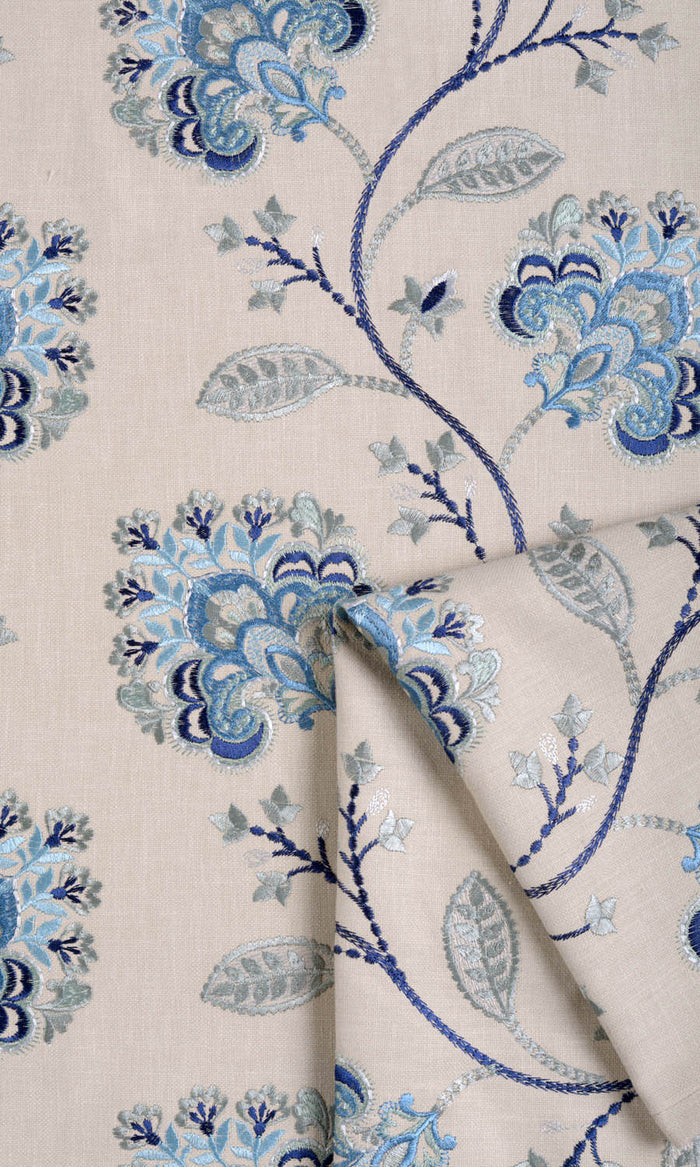 Floral Embroidered Cotton Curtains / Drapes / Window Drapery Panels (Beige/ Blue)