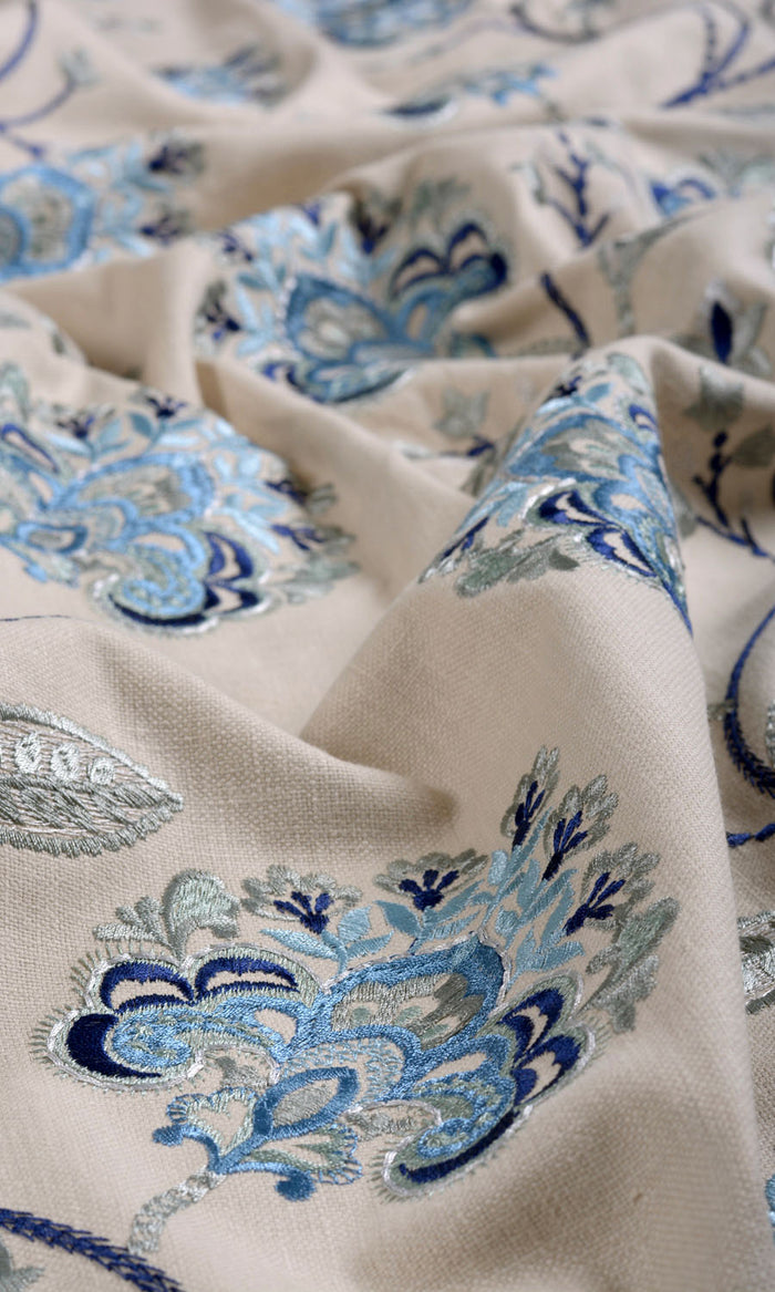 Floral Embroidered Cotton Made-to-Measure Curtains (Beige/ Blue)