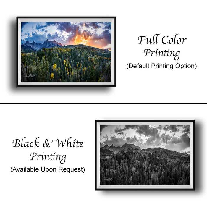 The image is a collage of two framed landscape photographs. The top photograph is a full color print, while the bottom photograph is a black and white print. Both images depict a mountainous landscape with trees and a sunset sky. The top photograph is labeled "Full Color Printing" and the bottom photograph is labeled "Black & White Printing" and "Available Upon Request".