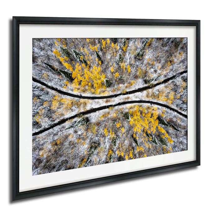 The image is a framed aerial view of a snowy forest with yellow and green foliage.