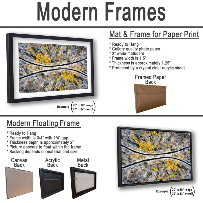 The image is a collage of various framed artworks, including a mat and frame for a paper print, a modern floating frame, and a framed paper back. The artworks are displayed in different sizes and frame types, showcasing the versatility of modern framing options for different art styles and preferences.