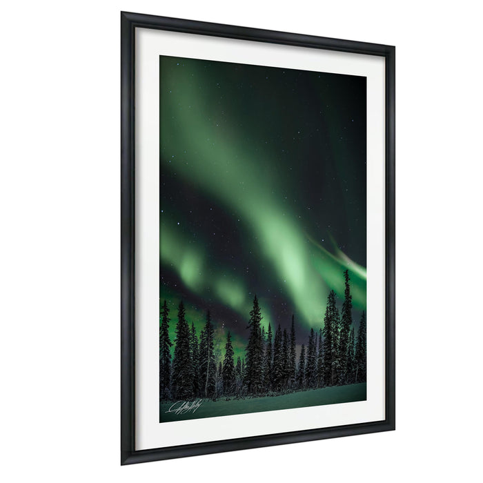 a night sky with a stunning display of the northern lights, featuring a vibrant green and blue aurora borealis.