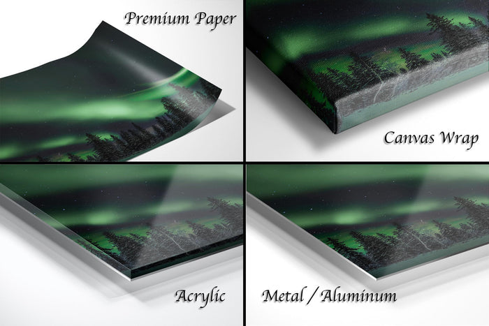 The image is a collage of four different views of a landscape with a night sky, featuring the aurora borealis or northern lights. The images are labeled as "Premium Paper", "Canvas Wrap", "Acrylic", and "Metal/Aluminum".