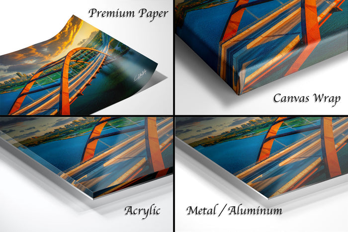 The image is a collage of four different views of a bridge, each with a distinct perspective and angle. The bridge is depicted in various materials, including acrylic, metal, and canvas wrap.