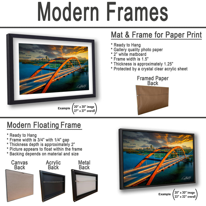 The image is a collage of two framed artworks, one of which is a mat and frame for a paper print, and the other is a modern floating frame.